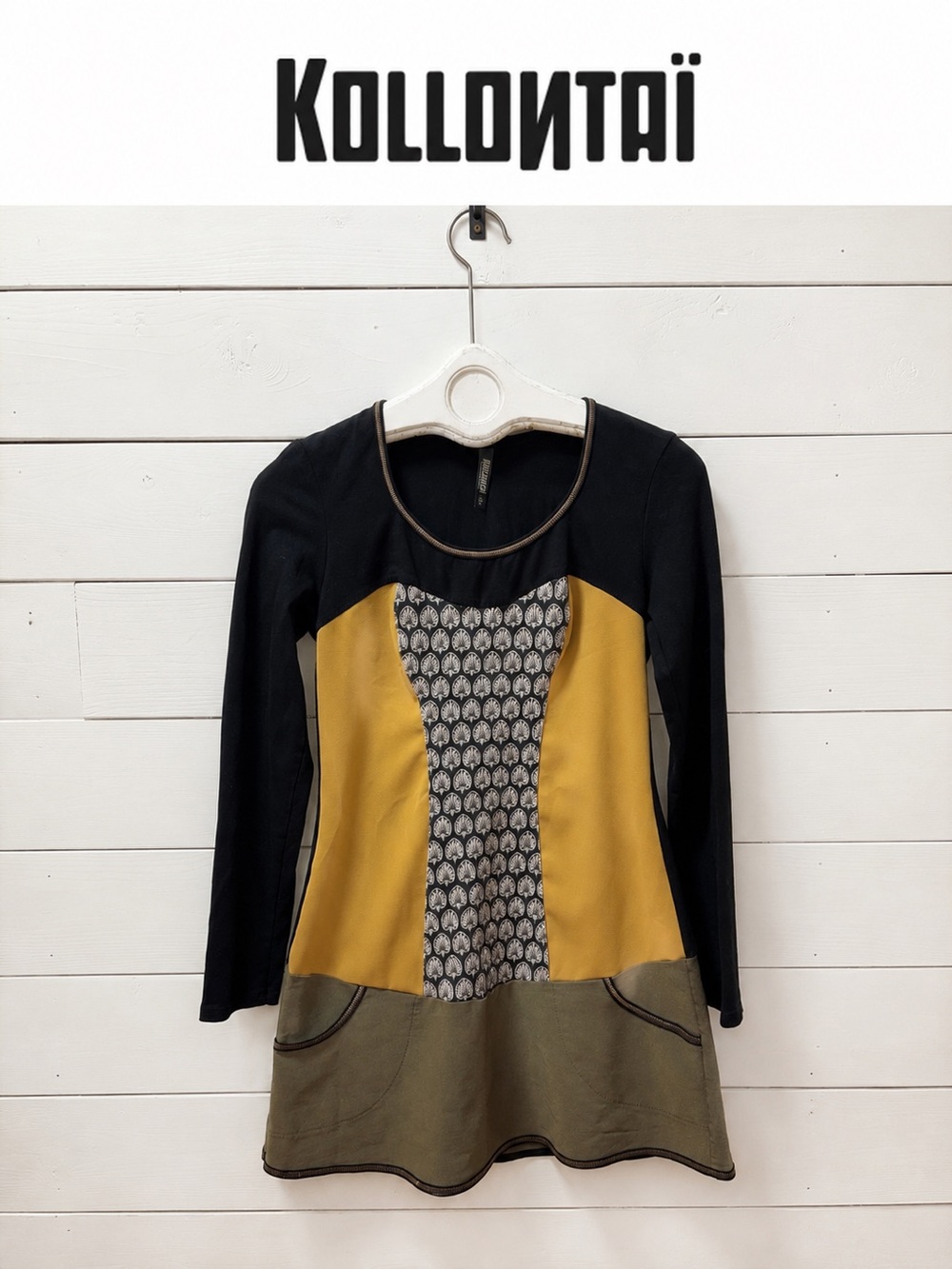 KOLONTAÏ Color Block Dress Tunic Mustard Black Olive Size M